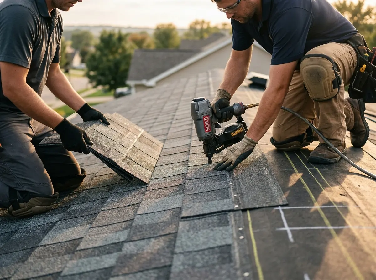 Professional roofer working on a residential roof in Hickory
